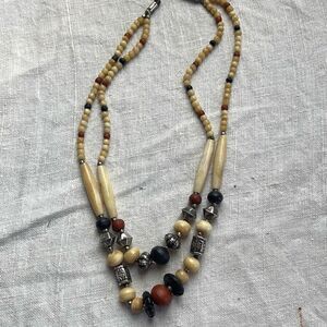 Vintage Tribal double strand necklace real stone carved bone metal beads
